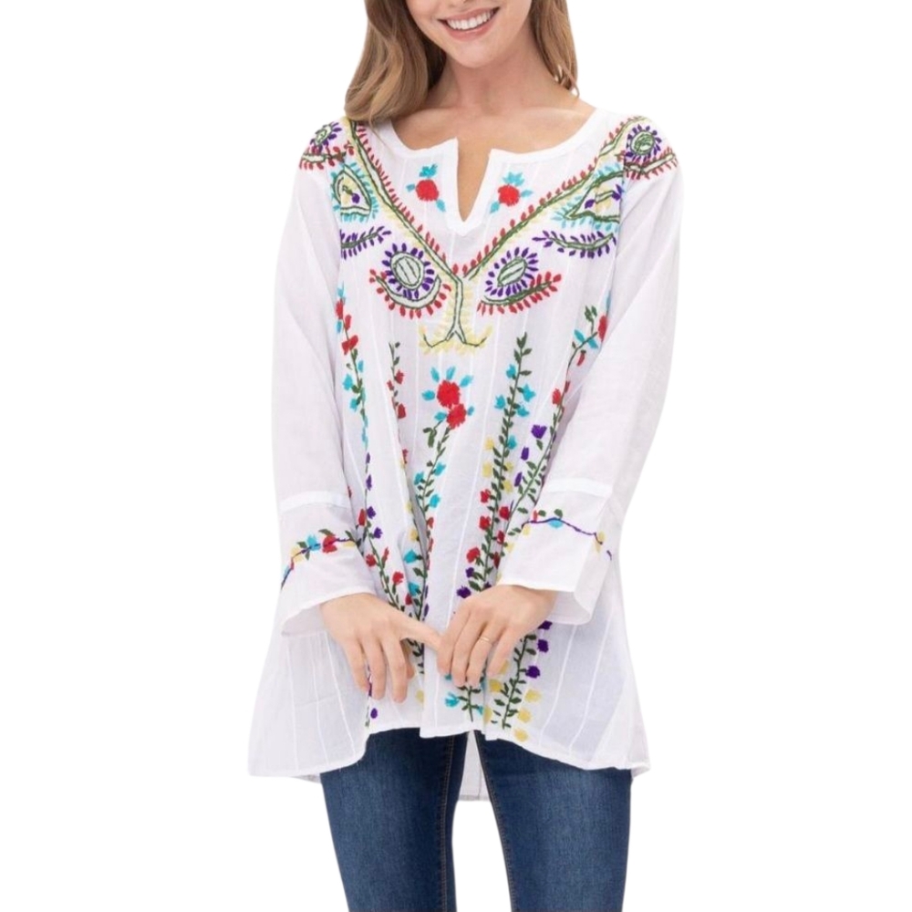 Raj White Embroidered Floral Tunic with Multicolor Accents